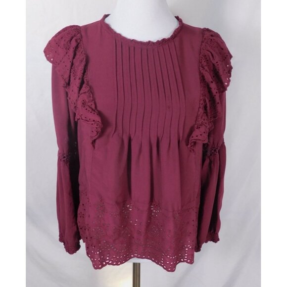 Knox Rose Boho Eyelet Blouse M Burgundy Ruffle Witchcore Top - Picture 1 of 12